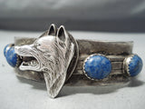 Heavy Detailed Vintage Native American Navajo Wolf Lapis Sterling Silver Bracelet-Nativo Arts