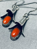 Amazing Native American Navajo Coral Sterling Silver Squash Blossom Earrings-Nativo Arts