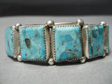 Stunning Vintage Native American Navajo Squared Turquoise Sterling Silver Bracelet Old-Nativo Arts