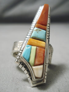 Native American Intricate!! Navajo Dave Tune Turquoise Sterling Silver Inlay Ring-Nativo Arts