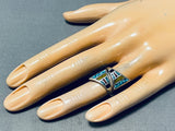Native American One Of The Most Detailed Vintage Zuni Turquoise Sterling Silver Inlay Ring Old-Nativo Arts