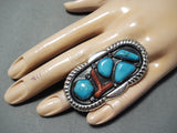 Colossal Native American Zuni Turquoise Coral Sterling Silver Ring-Nativo Arts