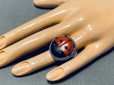 Captivating Native American Navajo Signed Coral Jet Turquoise Sterling Silver Ladybug Ring-Nativo Arts