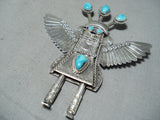 Signed Native American Navajo Old Kingman Turquoise Sterling Silver Kachina Pin-Nativo Arts