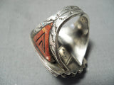 Native American Importasnt Hand Carved Turquoise Coral Sterling Silver Ring-Nativo Arts