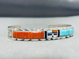 Don Dewa Native American Zuni Coral Turquoise Sterling Silver Sunface Bracelet-Nativo Arts