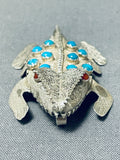 Wilf Begay Native American Navajo Signed Turquoise Coral Sterling Silver Toad Pin Pendant-Nativo Arts