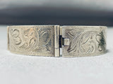 Rare White Hogan Vintage Native American Navajo Sterling Silver Etched Clasp Bracelet-Nativo Arts