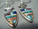 Detailed Intricate Vintage Navajo Native American Zuni Turquoise Sterling Silver Earrings-Nativo Arts
