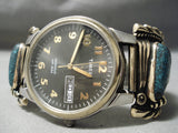 Native American Important Lander Blue Turquoise Gold Sterling Silver Watch Bracelet-Nativo Arts