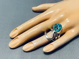 Unique Native American Navajo Kingman Turquoise Sterling Silver Ring Signed Del Secatero-Nativo Arts