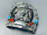 Huge Authentic Native American Navajo Turquoise Coral Sterling Silver Bear Bracelet-Nativo Arts