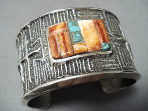 Fabulous Native American Navajo Turquoise Spiny Inlay Sterling Silver Huge Bracelet-Nativo Arts