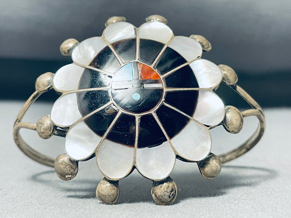 Rare Vintage Native American Zuni Inlay Jet Mother Of Pearl Sunface Sterling Silver Bracelet-Nativo Arts