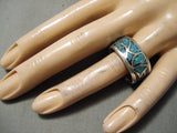 Thick Vintage Native American Navajo Turquoise Floral Sterling Silver Ring Old-Nativo Arts