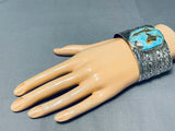 Wide Rare Easter Blue Turquoise Native American Sterling Silver Bracelet-Nativo Arts
