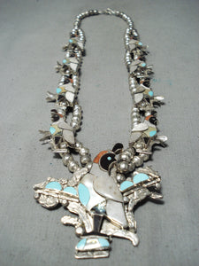 Native American Women's Vintage Navajo Inlay Turquoise Sterling Silver Squash Blossom Necklace-Nativo Arts