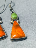 Fabulous Vintage Native American Navajo Royston Turquoise Orange Spiny Sterling Silver Earrings-Nativo Arts