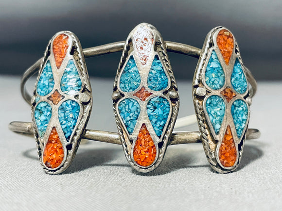 Native American Very Rare Turquoise Coral Inlay Sterling Silver Older Bracelet-Nativo Arts