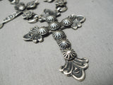 Rare Hand Tooled Cross Native American Navajo Sterling Silver Repoussed Necklace Earrings Set-Nativo Arts