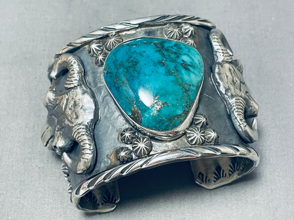 Magnificent San Felipe Signed Kingman Turquoise Sterling Silver Skulls Bracelet-Nativo Arts