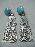 Important Native American Navajo Old Kingman Turquoise Sterling Silver Earrings-Nativo Arts