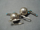 Detailed!! Vintage Native American Navajo Sterling Silver Ball Turquoise Cross Earrings-Nativo Arts
