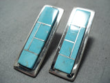 Stunning Vintage Native American Navajo Blue Gem Turquoise Inlay Sterling Silver Earrings-Nativo Arts