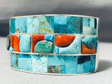 Native American Heavy 130 Gram Navajo Turquoise Coral Sterling Silver Wide Bracelet Cuff-Nativo Arts
