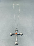 Heaven Sent Native American Navajo Turquoise Coral Sterling Silver Reversible Cross Necklace-Nativo Arts
