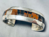 Very Rare Petrified Wood Inlay Native American Navajo Heavy Sterling Silver Bracelet-Nativo Arts