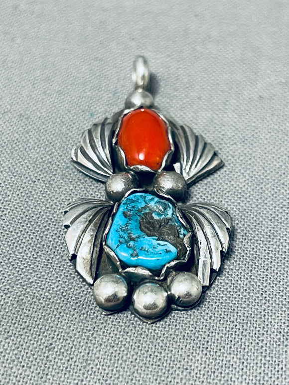Gorgeous Vintage Native American Navajo Kingman Turquoise Coral Sterling Silver Pendant-Nativo Arts