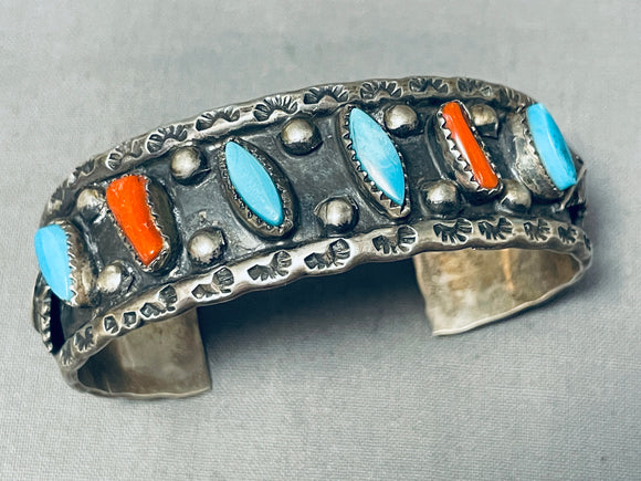 Very Unique Slanted Turquoise Coral Vintage Native American Navajo Sterling Silver Bracelet-Nativo Arts