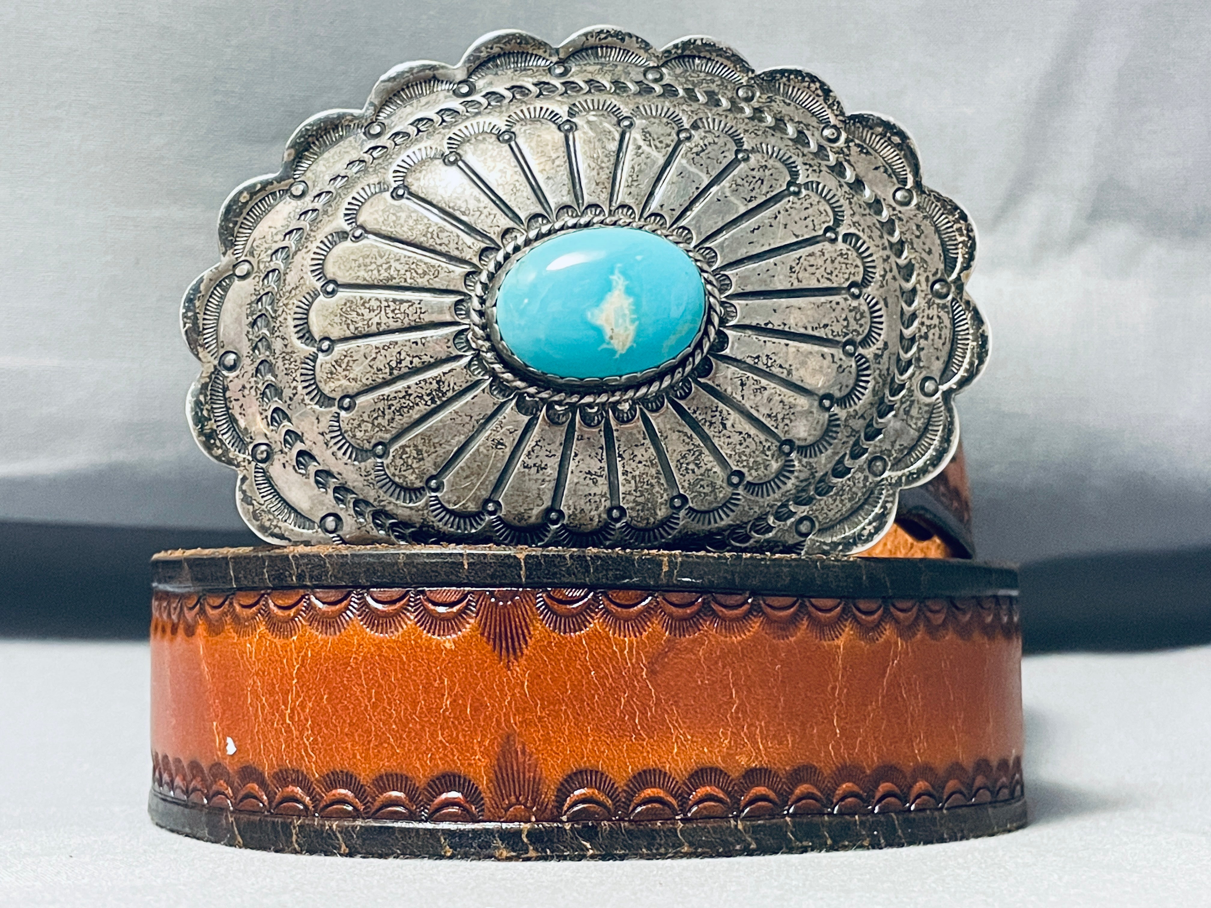 Native American Navajo Kingman Turquoise and Sterling Silver Belt Buckle