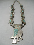 Rare Vintage Native American Navajo Turquoise Sterling Silver Owl Squash Blossom Necklace Old-Nativo Arts