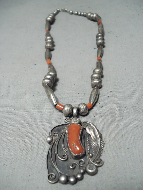 Phenomenal Vintage Native American Navajo Coral Sterling Silver Necklace-Nativo Arts