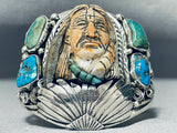 One Of Best Ever Hand Carved Turquoise Sterling Silver Chief Bracelet-Nativo Arts