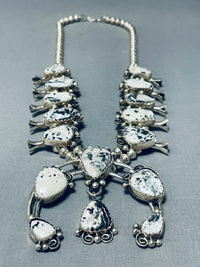 Rare Vintage Native American Navajo White Bflo Turquoise Sterling Silver Squash Blossom Necklace-Nativo Arts