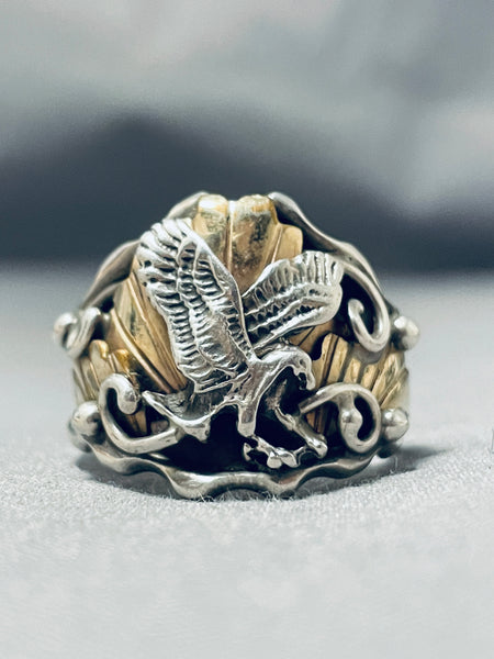 Signed Vintage Native American Navajo 12k Gold Filled Sterling Silver Eagle  Ring