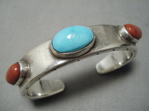 Thick And Heavy!! Vintage Native American Navajo Coral Turquoise Sterling Silver Bracelet-Nativo Arts