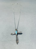 Heavenly Vintage Native American Navajo Kingman Turquoise Sterling Silver Cross Necklace-Nativo Arts