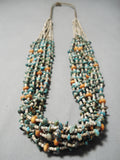 Important Native American Navajo Green Turquoise Orange Coral Heishi Necklace-Nativo Arts