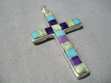 Impressive Vintage Native American Navajo Turquoise Gaspeite Sterling Silver Cross Pendant-Nativo Arts