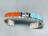 Don Dewa Native American Zuni Coral Turquoise Sterling Silver Sunface Bracelet-Nativo Arts