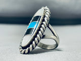 Awesome Vintage Native American Navajo Inlay Turquoise Jet Mother Of Pearl Sterling Silver Ring-Nativo Arts