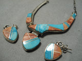 Incredible Vintage Native American Navajo Sleeping Bee Turquoise Sterling Silver Inlay Necklace-Nativo Arts