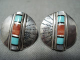Amazing Vintage Native American Zuni Turquoise Inlay Sterling Silver Earrings-Nativo Arts