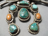Authentic Vintage Native American Navajo Turquoise Coral Sterling Silver Squash Blossom Necklace-Nativo Arts