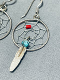 Fantastic Native American Navajo Turquoise Coral Sterling Silver Dream Catcher Earrings-Nativo Arts