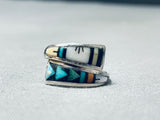 Unique Vintage Native American Navajo Inlay Turquoise Mother Of Pearl Sterling Silver Wrap Ring-Nativo Arts